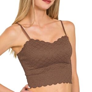 Zenana Seamless Lace Scalloped Crop Top Brami Bra Pads Brown Small